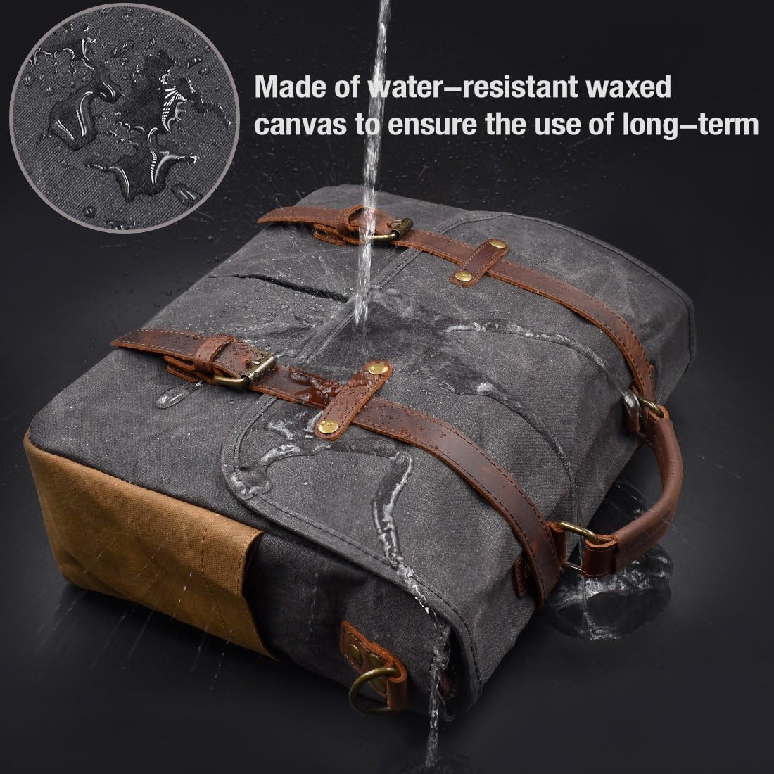 Mens Messenger Bag 15.6 Inch Waterproof Vintage Genuine Leather Waxed Canvas Briefcase Large Leather Computer Laptop Bag Rugged Satchel Shoulder Bag， Brown - Image 2